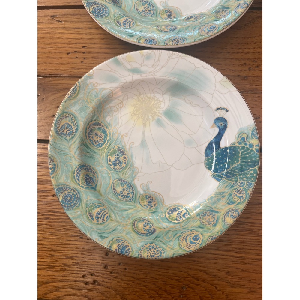 222 Fifth Lakshmi Peacock Fine China Bread and Butter Plates Set of 4 Teal Gold